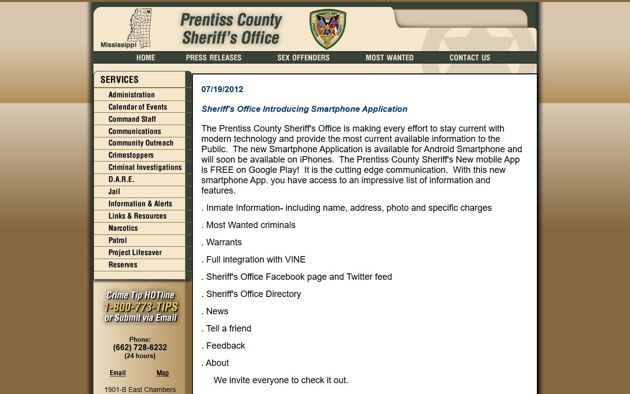 Prentiss County Sheriff mobile app announcement for arrest and charge records