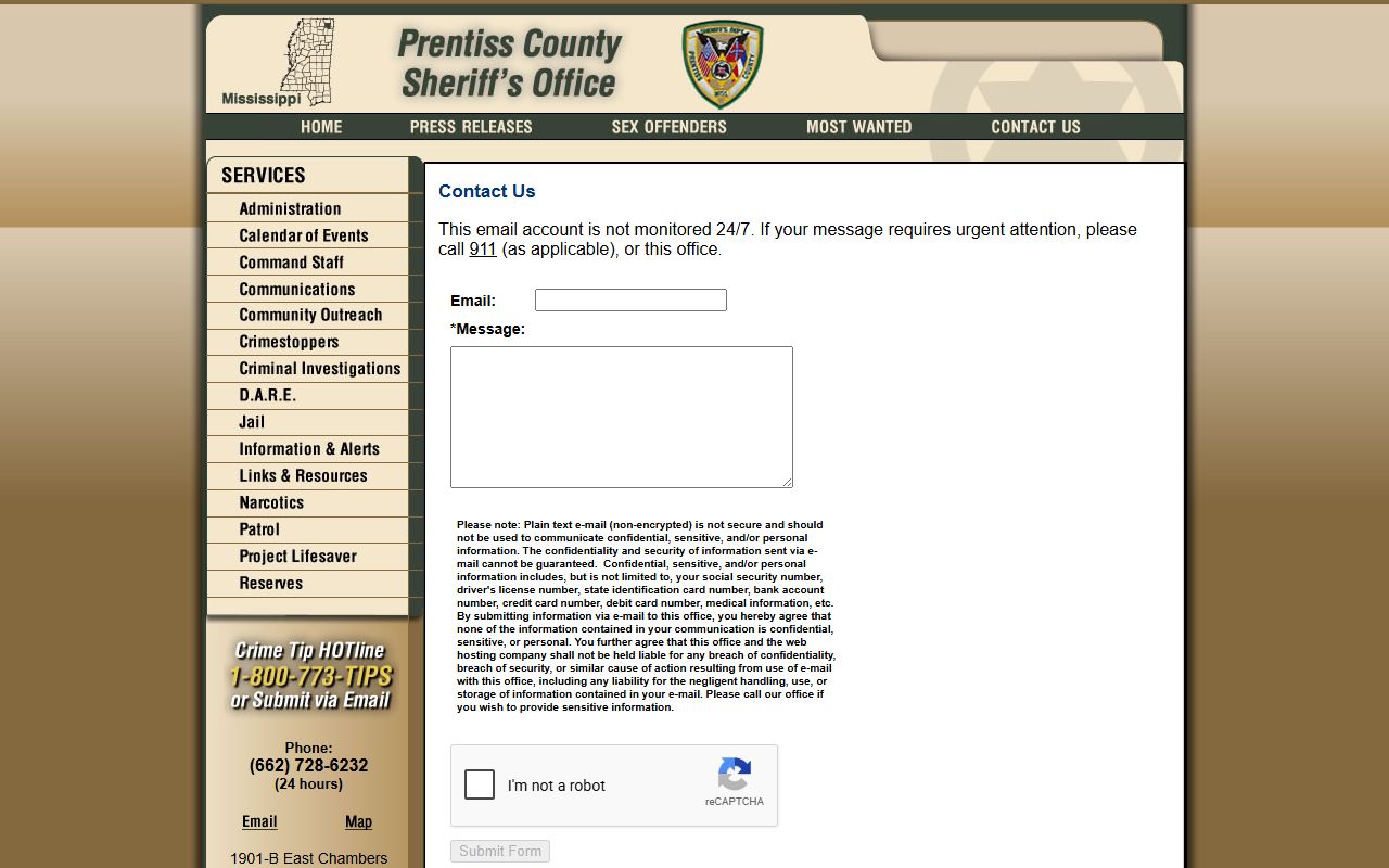 Prentiss County Sheriff contact form for arrest record requests