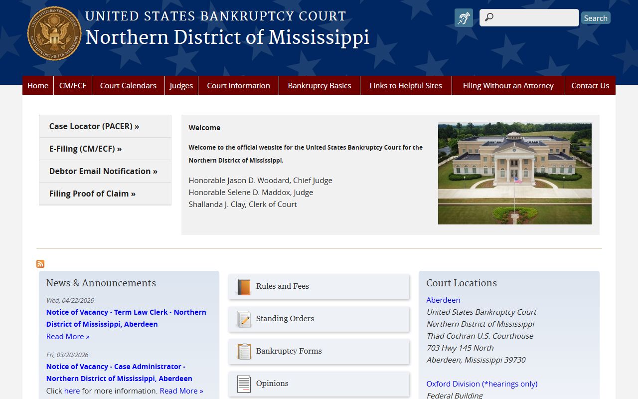 Prentiss County federal bankruptcy court records clerk homepage