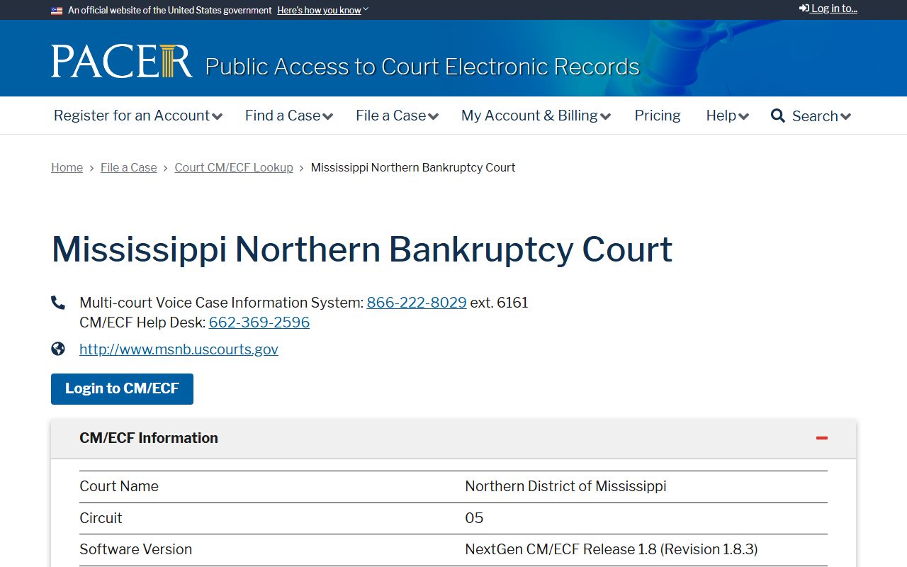 Prentiss County federal court records PACER bankruptcy lookup page