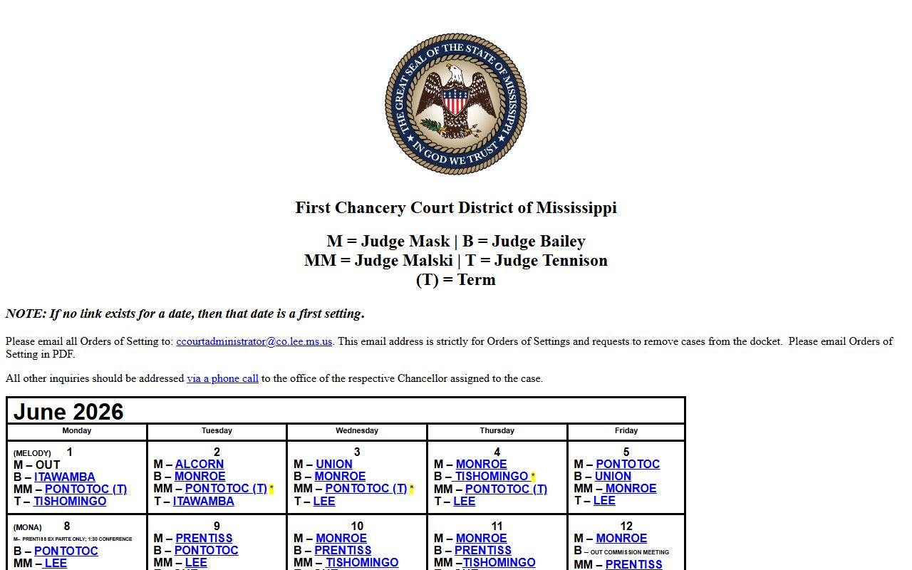 Prentiss County court dockets First Chancery docket calendar with judge key