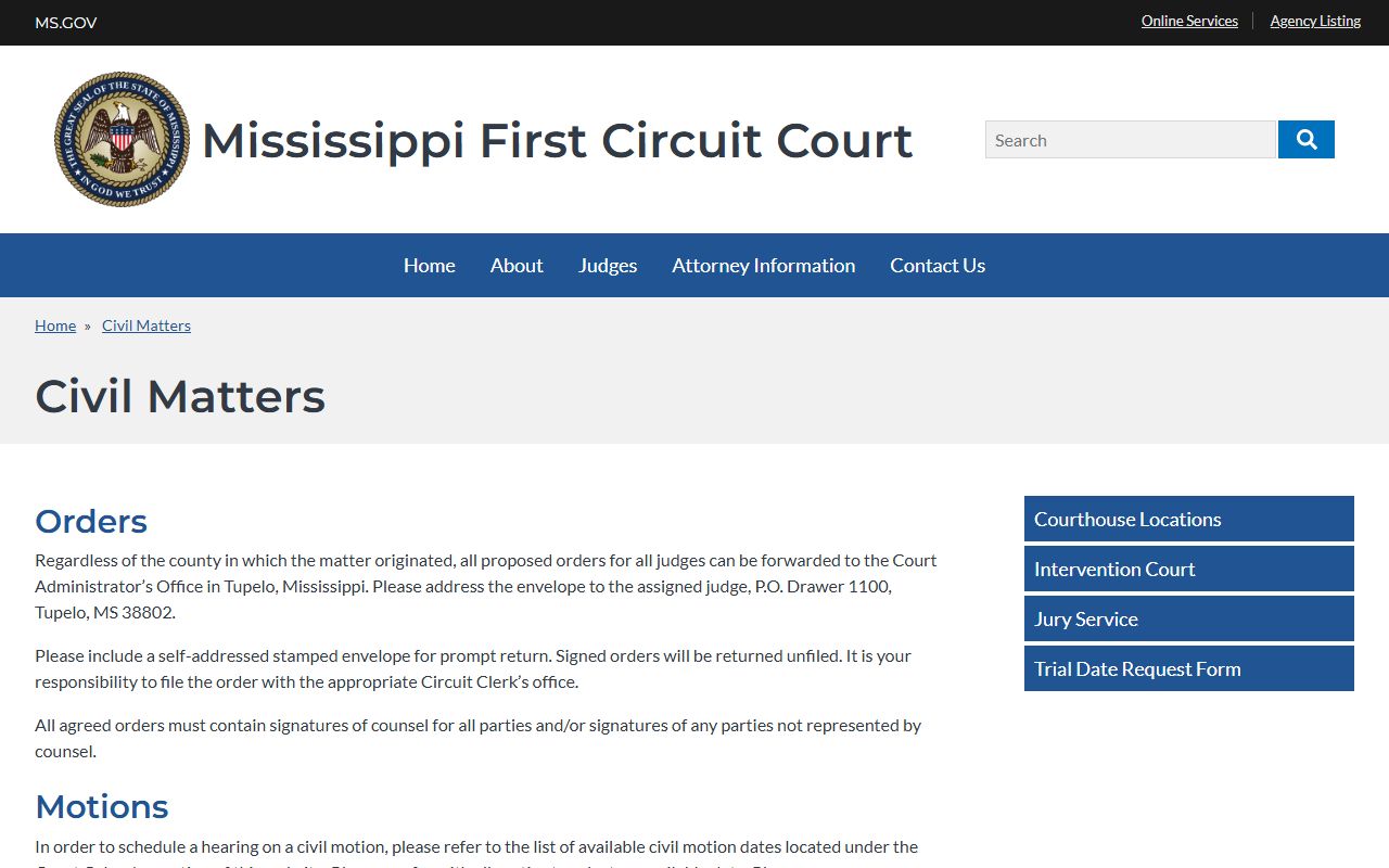 Prentiss County court dockets First Circuit civil matters scheduling page