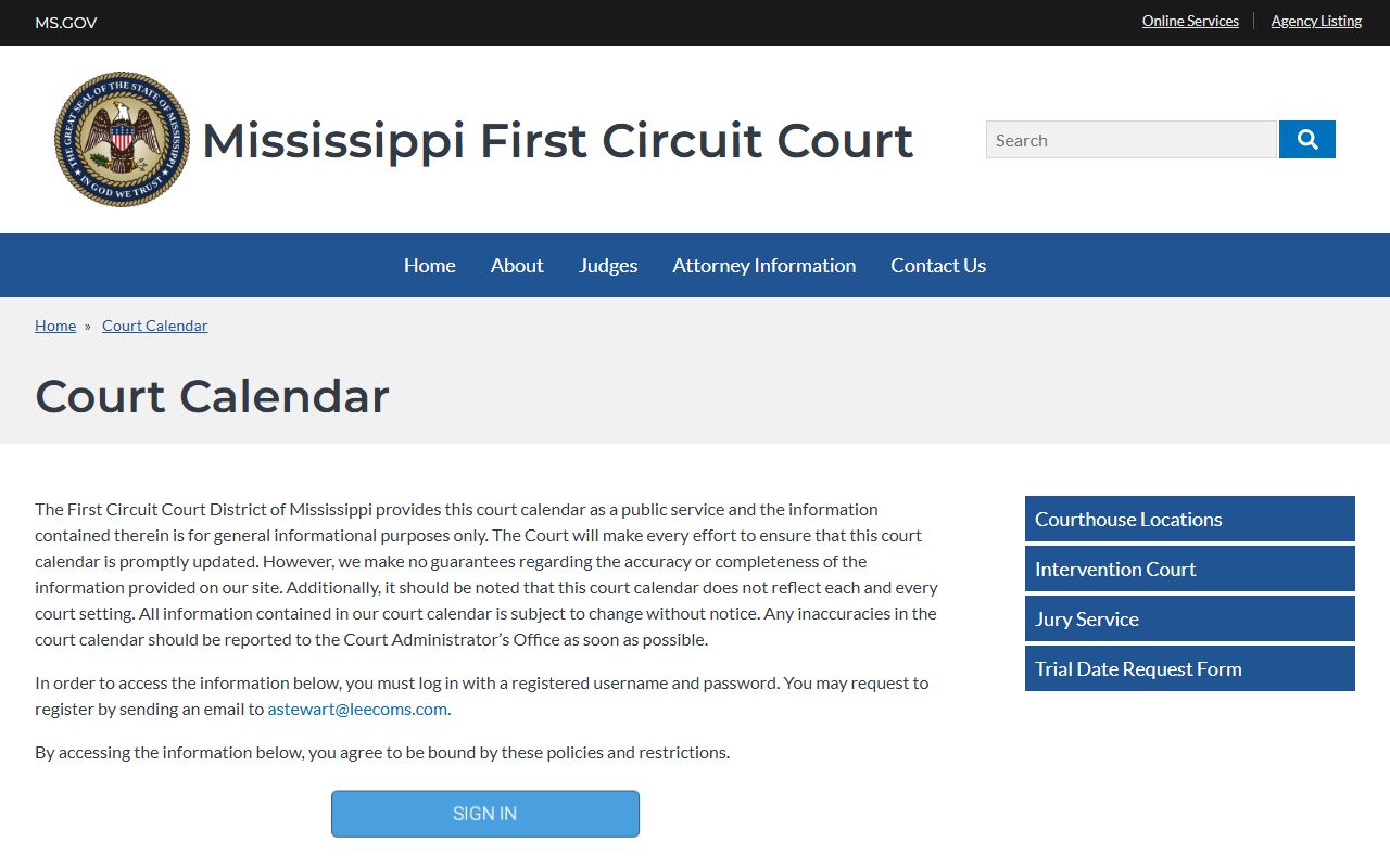 Prentiss County court dockets First Circuit court calendar login page