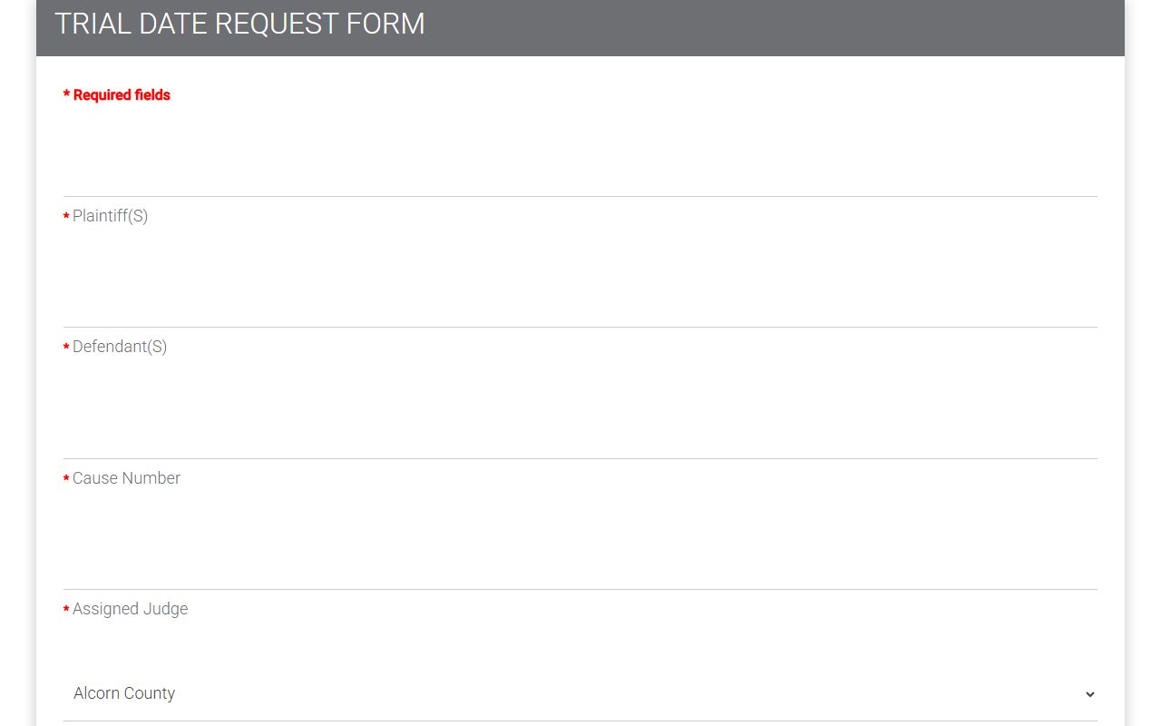 Prentiss County court dockets trial date request form fields