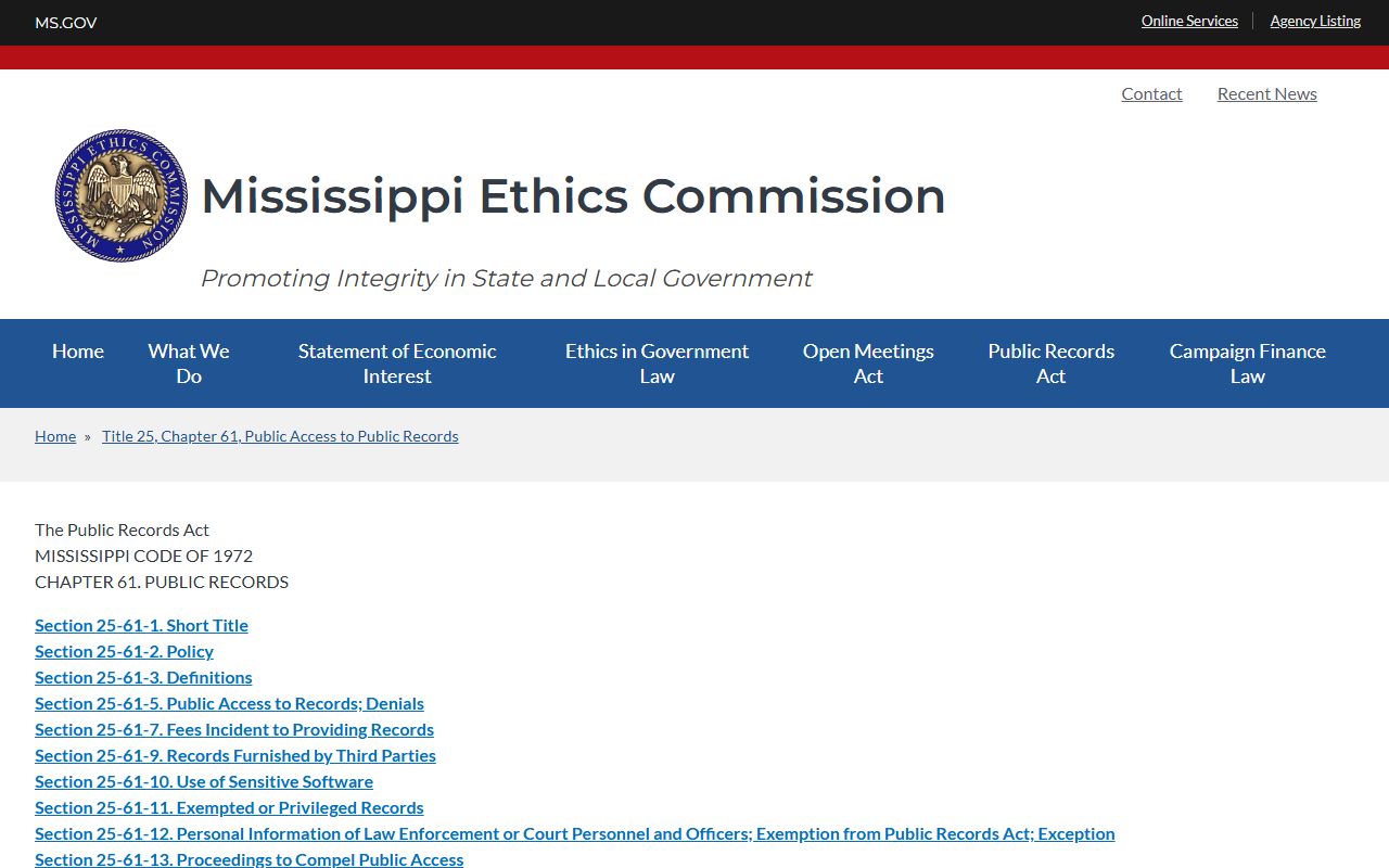 Mississippi Public Records Act covering Prentiss County court records access