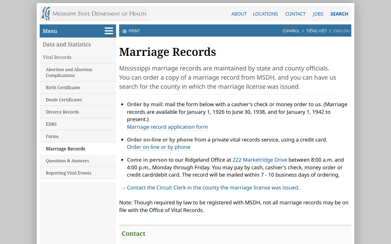 Prentiss County marriage records ordering page at the Mississippi State Department of Health