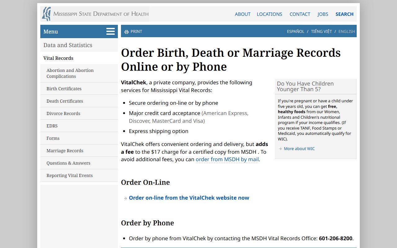 Prentiss County marriage records online and phone ordering through Mississippi Vital Records