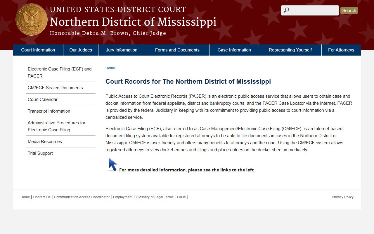 Prentiss County probate records federal channel, Northern District of Mississippi case information page